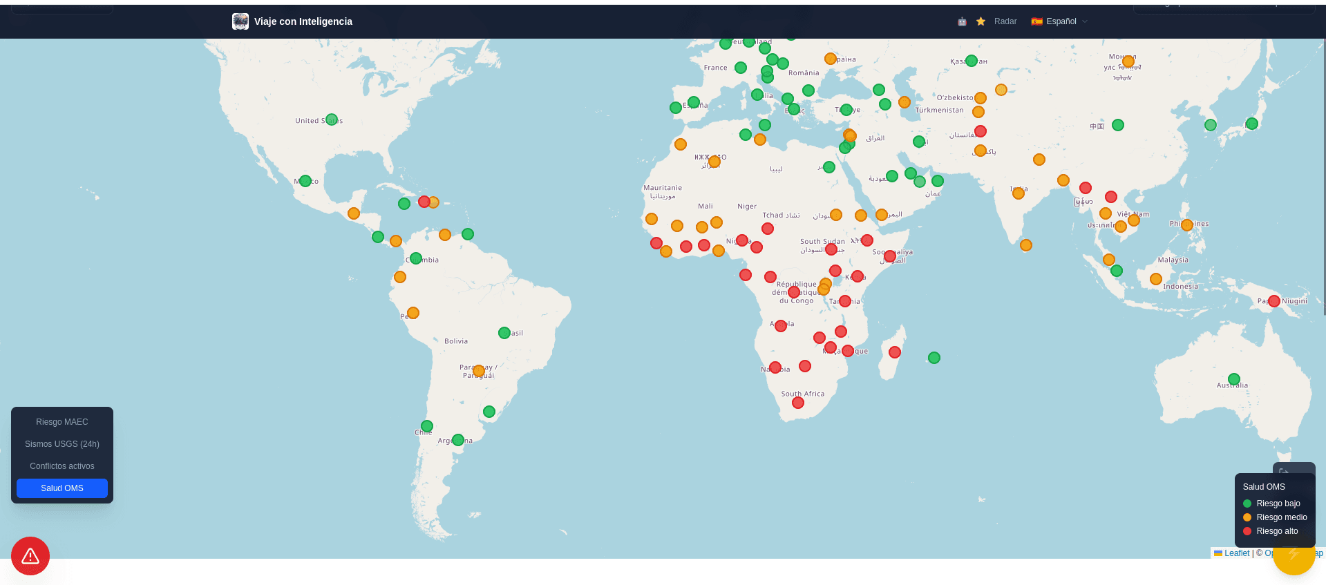 Mapa de riesgo sanitario OMS — Mayo 2026. Captura de nuestro ecosistema ViajeInteligencia mostrando los niveles de riesgo sanitario por país según la clasificación de la Organización Mundial de la Salud.